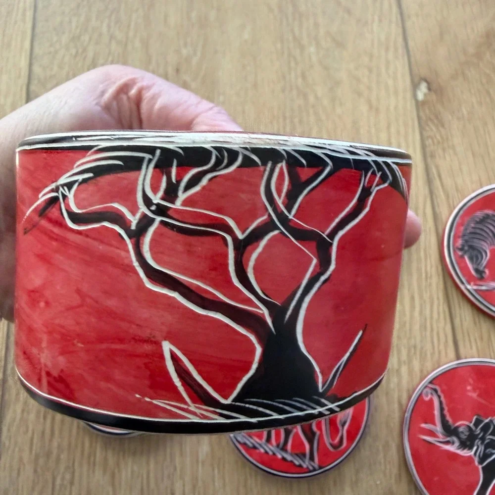 African Soapstone Coaster Set of 6 with Holder Red Black Etched Safari Animals